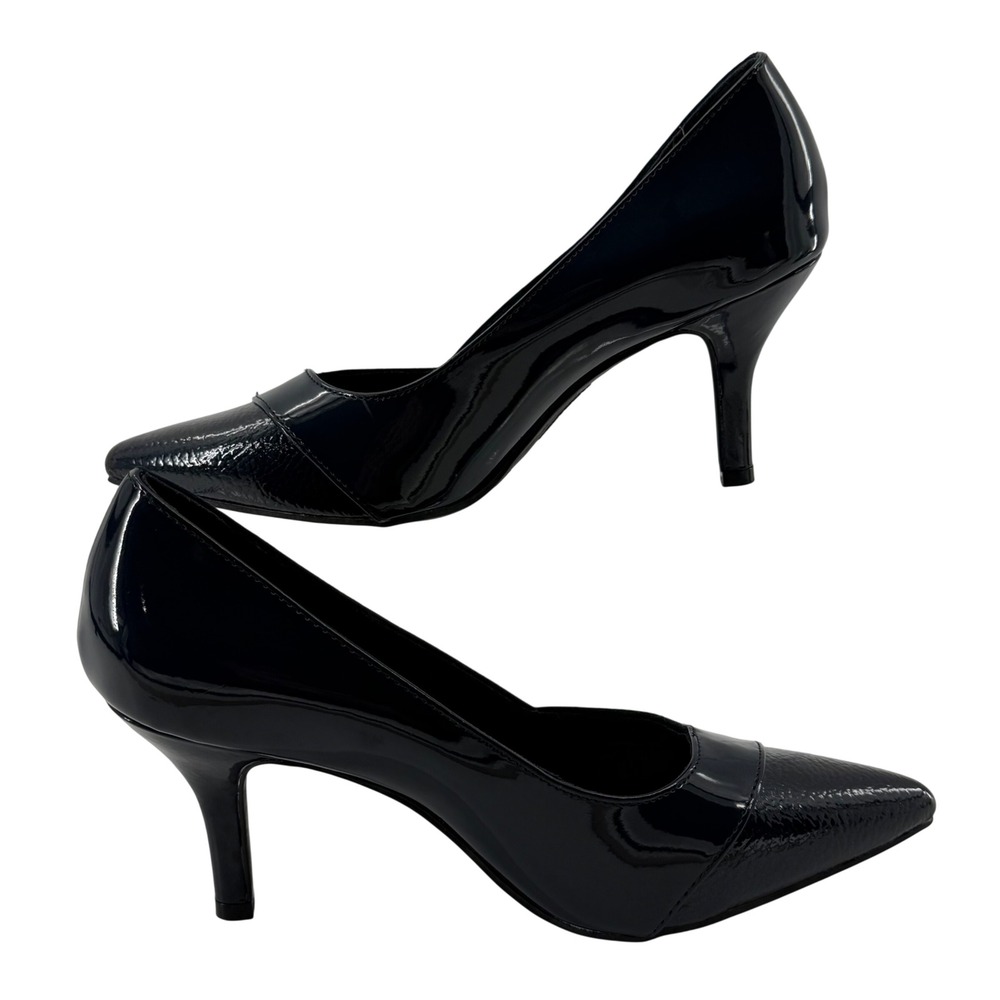 Fioni Jody 7W Wide Pointed Toe Pumps Navy Patent Mixed Media Kitten Heels 164367